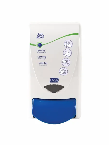 Deb Stoko Cleanse Light -Spender für reinigende Cremeseife, weißer Kunststoff, blauer Druckknopf, 1 L